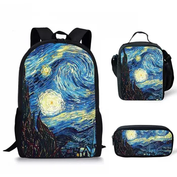 3ks Školské tašky Nastaviť Van Gogh Slávny olejomaľba Chlapcov, Dievčatá, Deti Bežné Batoh Študent Knihy Taška s Obed Taška Ceruzka Taška
