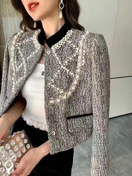 Francúzsky Socialite Ťažký Priemysel Pearl Diamond-Vložené Dekoratívne Tweed Kabát Ženy Jeseň Zimné Oblečenie Žien Vlnené Sako