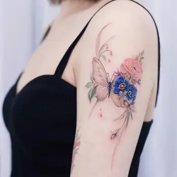 Farebné Ruže Motýľ Arm Tattoo Nálepky Nepremokavé Dočasné Tetovanie Festival Art Tatto Roztomilý Falošné Tetovania pre Ženy sú Samolepky