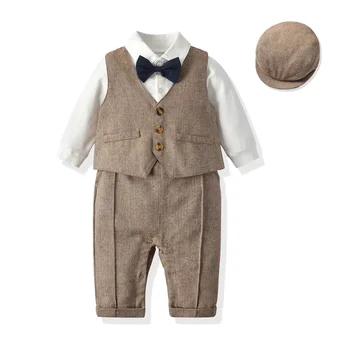 Baby Chlapci Gentleman Oblečenie, Obleky, Oblečenie na Jar a na Jeseň Deti Jedného Kusu Sady Remienky Bunda Klobúk Suit Baby Boy Šaty