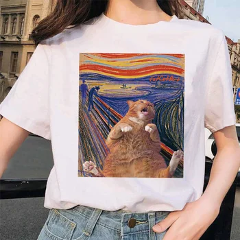 Zábavné, Roztomilé Van Gogh Mačka Ženy Tričko Tlač Umenie olejomaľba Mreže Žena Bežné T-shirt Harajuku Tričko Topy Tees Grunge