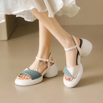 Modrej a Bielej Patchwork Pu Kožené dámske Sandále Letné Módne Sandále Elegantné Kliny Sandále pre Ženy 2023