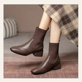 Jeseň Zima Nové Ponožky Topánky Ženy Móda Veľkosť Pletené Krátke Topánky, Ženy Sklzu Na Vysokých Podpätkoch