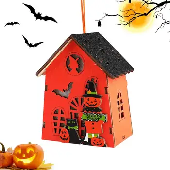 Halloween Mini Dom S Ľahkou Batériou Napájaný Drevené Tekvica Svetlá Šťastný Halloween Party Visí Ozdoby