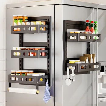 Domov Magnetické Skladacie Kuchyňa Chladnička Side Úložný Stojan Multi-Layer Skladanie bez Inštalácie Korenie Nástenné Vešiaky