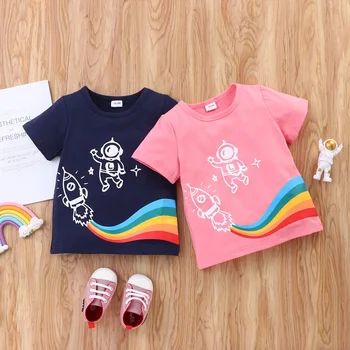 Deti, Oblečenie pre Deti Unisex Oblečenie Cartoon Rainbow Rocket Krátky Rukáv T-shirt Bavlna Ležérne Oblečenie Chlapci Dievčatá Oblečenie 0-6Y
