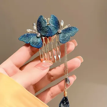 Tmavo Modrý Motýľ Vlasy Hrebeňom Klip Starovekej Čínskej Vlásenky pre Ženy Bambusu, Kvet, List Autor Strapec sponky do Vlasov Styling Nástroj