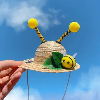 Roztomilý Slamený Klobúk pre Domáce Malé a Stredné Psa Bee Hmyzu Klobúk, Kríž, Obväz, Fotografia Prop, Kreatívny Dizajn