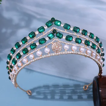Žiariace Tiaras Zelená Drahokamu Crystal Pearl hlavový most Svadba Nevesta Korún s Modro Svietiace Princezná Korún Strany Diadem
