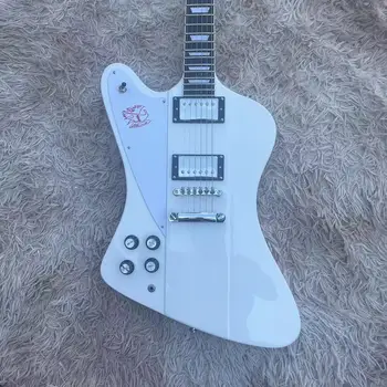 6-string Firebird integrované elektrické gitary, biele telo, ružové drevo hmatníka. Biele ochranné dosky, LP pickup, LP string br