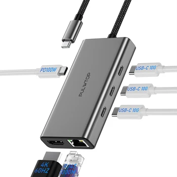 6 v 1, USB, C HUB Viacportová Dock Adaptér so 4 * 10Gbps USB C Port, HDMI@4K60Hz,100W PD pre Nabíjanie Notebooku MacBook Air Pro iPad