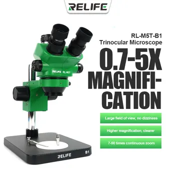 RELIFE-Stereo Trinocular pre Perbaikan PCB Spájky, RL-M5T-B1, 7X-50X Zoom, Berkelanjutan Mikroskop, 100mm