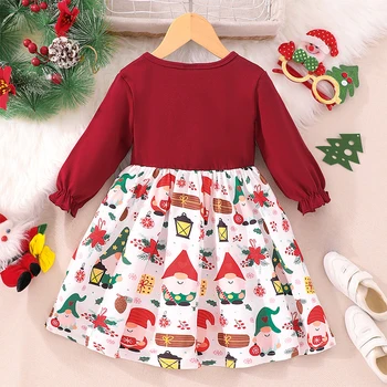 Dievčatá Vianočné Šaty Vintage Santa Claus Tlač Okrúhlym Výstrihom, Dlhý Rukáv Mini Šaty Elegantné Luk Dekor Party Šaty