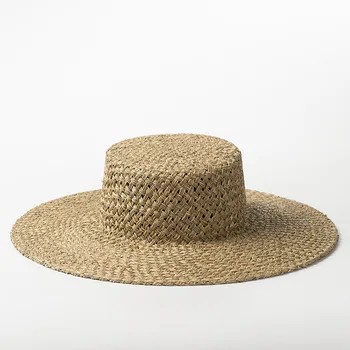 Handwoven morské riasy, plochý top slamený klobúk pre vonkajšie cestovného ruchu, ochrana pred slnkom pláži tieňovanie, plochý top hat