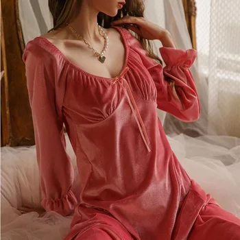 Dlhý Elegantný Velvet Nightgown Ženy Teplé Velúrové Sleepwear Sexy Čipkou Domov Šaty Princezná Štýl Nightdress Krásy Plavky