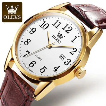 OLEVS 5566 Quartz Hodinky pre Mužov Pôvodný Klasický Kalendár Obchodné Muž Náramkové hodinky Digitálne Dial Koženým Remienkom Vodotesné Hodinky