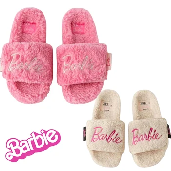 Barbie Pink Kožušiny Papuče Kawaii Ženy Vonkajšie Nosenie Nové Hrubé-Soled Baránok Vlna Flip Flops Všetkých Zápas Papuče Mäkké Bavlnené Topánky Dary