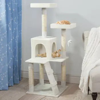 4-Tier Cat Tower - Strom s Napping Bidlá, Mačka Byt, Rebrík, 5 Sisalové Lano Škrabanie Príspevkov, a Visí Hračka pre Vnútorné Mačky