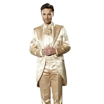 Elegantné Obleky pre Mužov Zlaté Výšivky Satin taliansky Španielsko Ženícha Svadobné Šaty Slim Smoking 2 Ks Držiaky pre Strany Banquet Ples