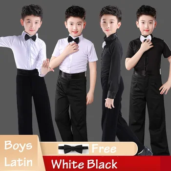 Chlapci Latinské Tanečné Oblečenie Tričko + Nohavice Sady Deti White Black Rumba, Samba Dancewear Latinskej Spoločenský Kostým Súťaž Oblečenie