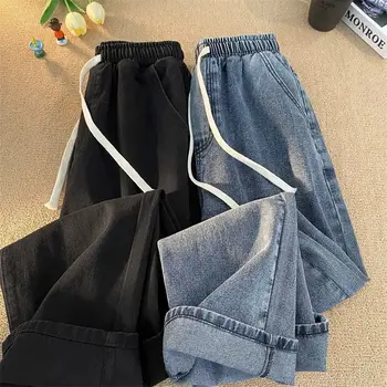 Ženy, Vysoký Pás Vintage Rovné Džínsy Veľká Veľkosť Kórejský Elastické Džínsové Nohavice Voľné Bežné Čipky Pantalones Deväť Bod
