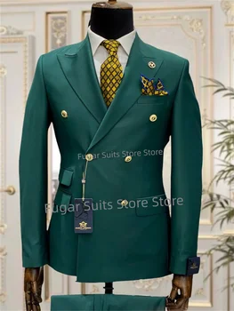 Lesklé Zelené Svadobné Obleky Pre Mužov Dvojité Breasted Slim Fit Ženícha Formálne Tuxedos Prom 2 Kusy Nastaviť Business Sako Kostým Homme