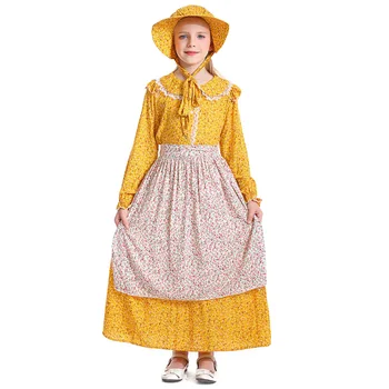 Žltá Kvetinový Kolónie Dievča Lúka Pioneer Šaty Deti Pastoračnej Šaty