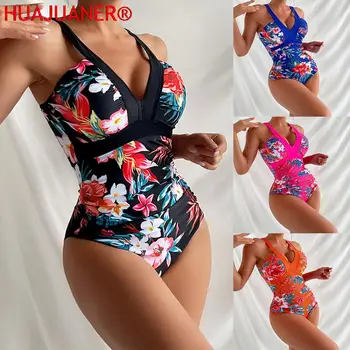 Sexy Bikiny Kvetinový Tlač Vrúbkovaným jednodielne Plavky tvaru Ženy Monokiny 2023 Nové Dievčatá Pláž, Kúpanie Oblek Plavky