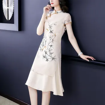 2023 Cheongsam Ženy Krátke Hodváb Qipao Čínske Šaty Qi Pao Strany Vintage Ao Dai Elegantné Šaty Kvetinový Tlač Cheongsam Vestidos
