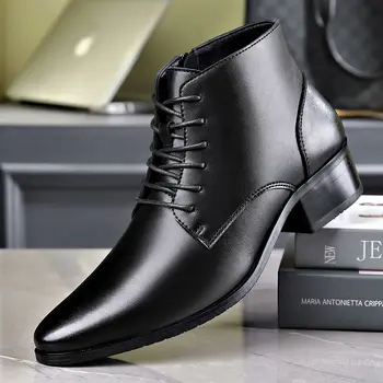 Mens Príležitostných Business Office Formálne Šaty Chelsea Topánky Topánky Faux Kožené Boot Black Členok Čipky Botas Hombre Chaussure B284